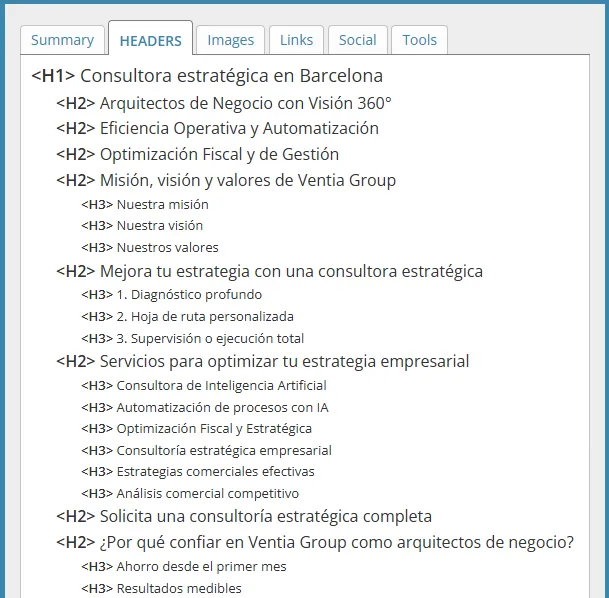 Estructura HTML con jerarquía de encabezados H2, H3 y H4