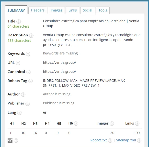 Panel de metadatos HTML con título, descripción, URL y robots