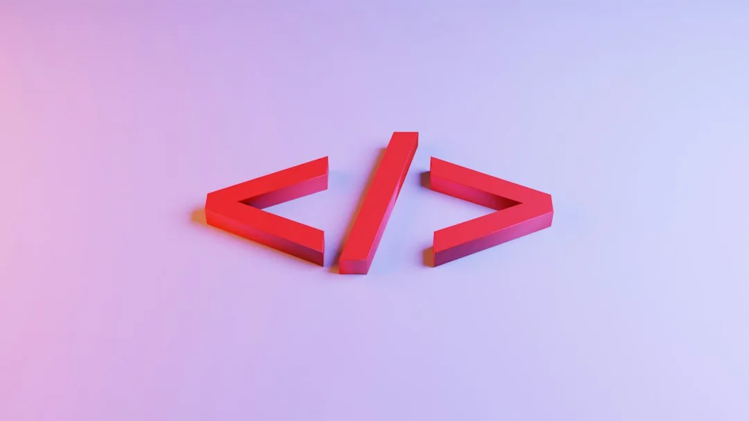 Símbolo de código HTML en 3D rojo, usado por Ventia Group para explicar qué puede ir antes de un H1 en SEO