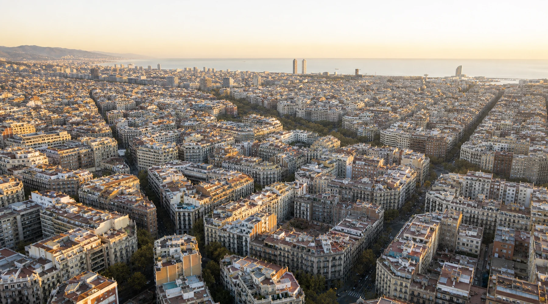 Aerial view of Barcelona and its distinctive city blocks