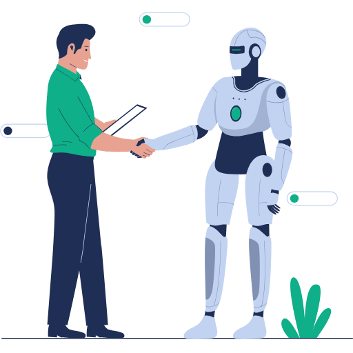 Consultor saludando a robot, representando la consultoría en inteligencia artificial de Ventia