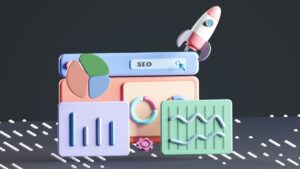 Gráfico SEO 3D con cohete, estadísticas y lupa. Marketing digital local en España.